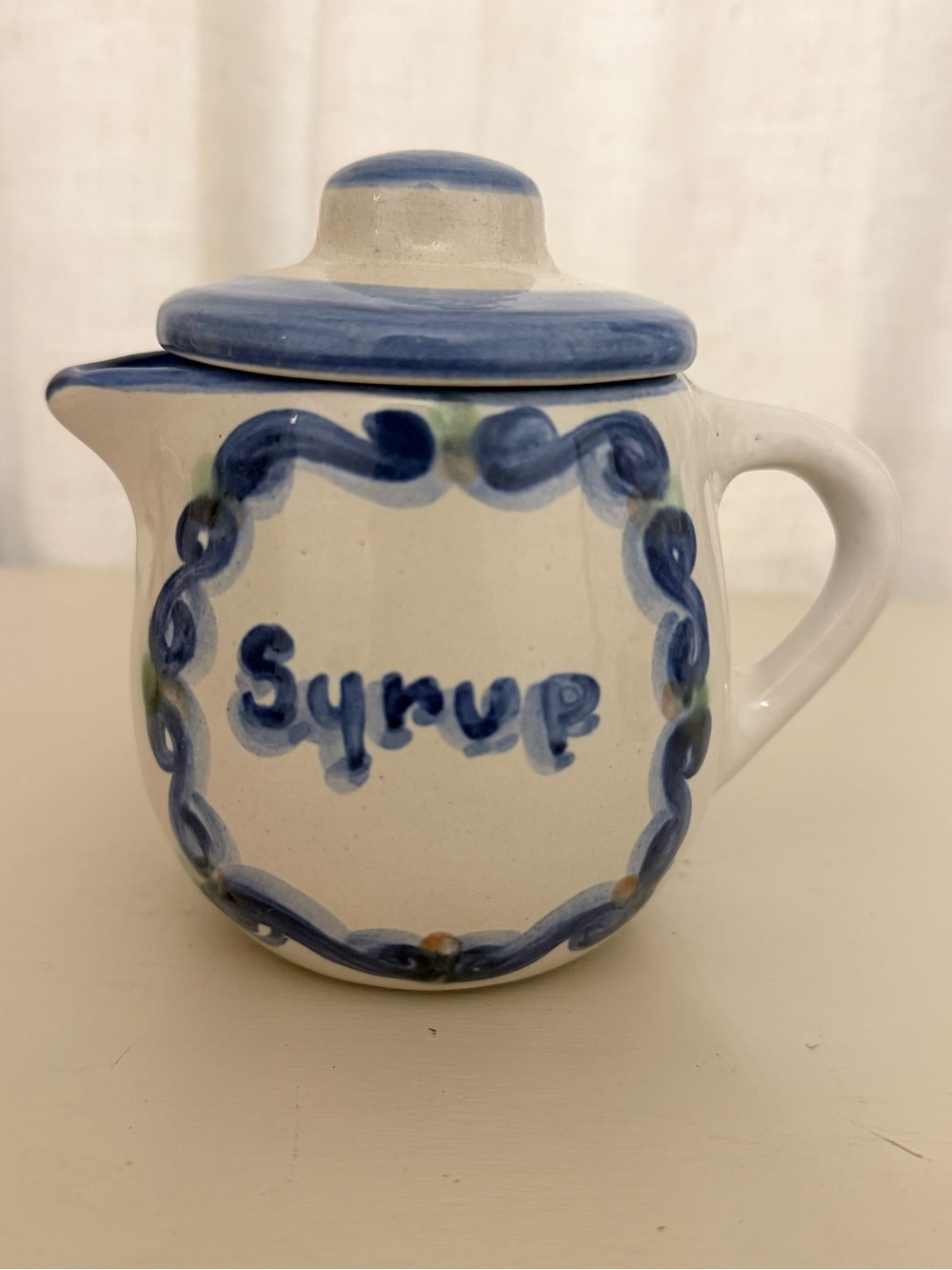 Vintage M.A. Hadley Lidded Syrup Pitcher Tapping Tree Signed Blue Stoneware